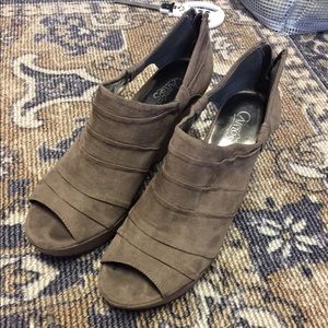 Brown open toe bootie wedges